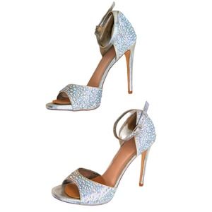 LAUREN LORRAINE Crystal Stiletto Silver Rhinestone Heel Sandal Ankle Strap Sz 9